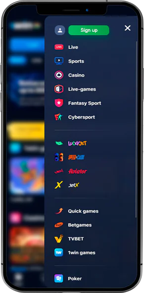 1Win app navigation menu page screen