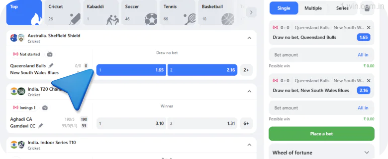 Check the available betting markets and odds at 1win