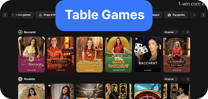The 1win has a great variety of both old and new table games