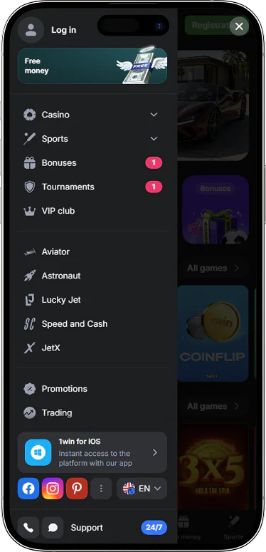 1win app menu