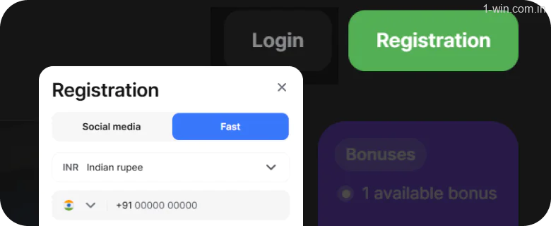 Select the 1win Quick Registration or Social Media option