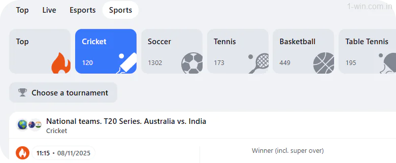Find Cricket in the 1win sports list