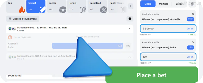 Enter your 1win stake and click on the 'Bet' button
