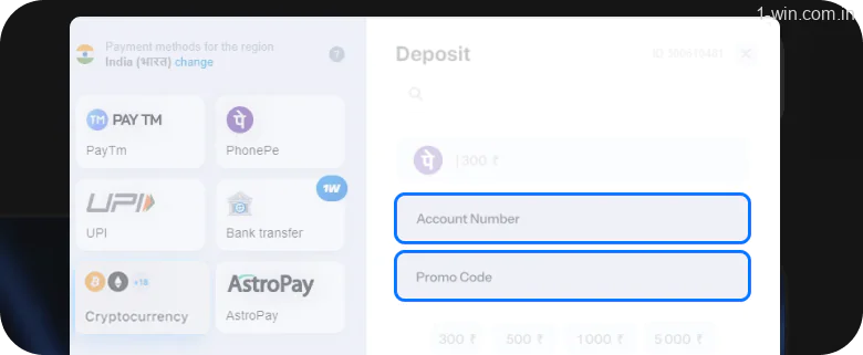 Specify the required payment details 1win