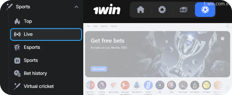 Click on the 1win Live section in the top menu