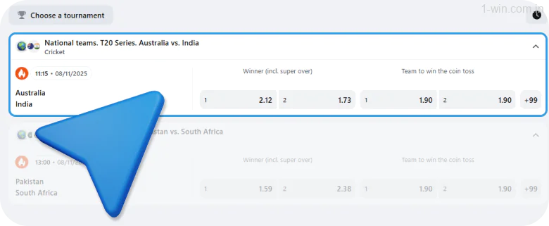 Find the desired match in the list of 1win current events