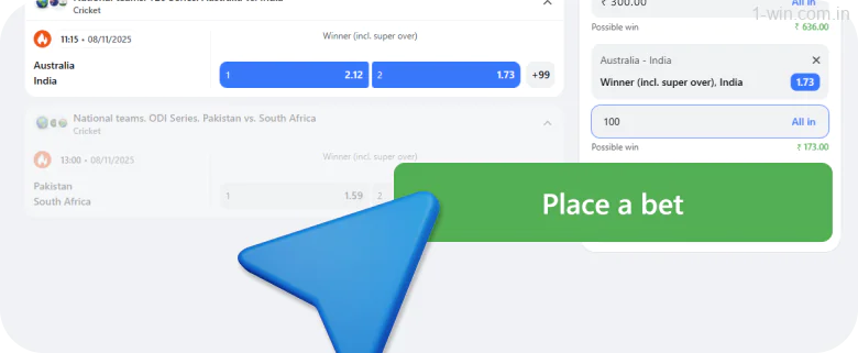 1win place a Bet button